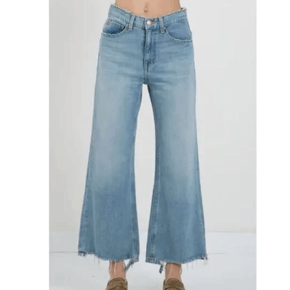 The Great. The Rider Jeans High Rise Wide Leg Light Wash Distressing Size 25